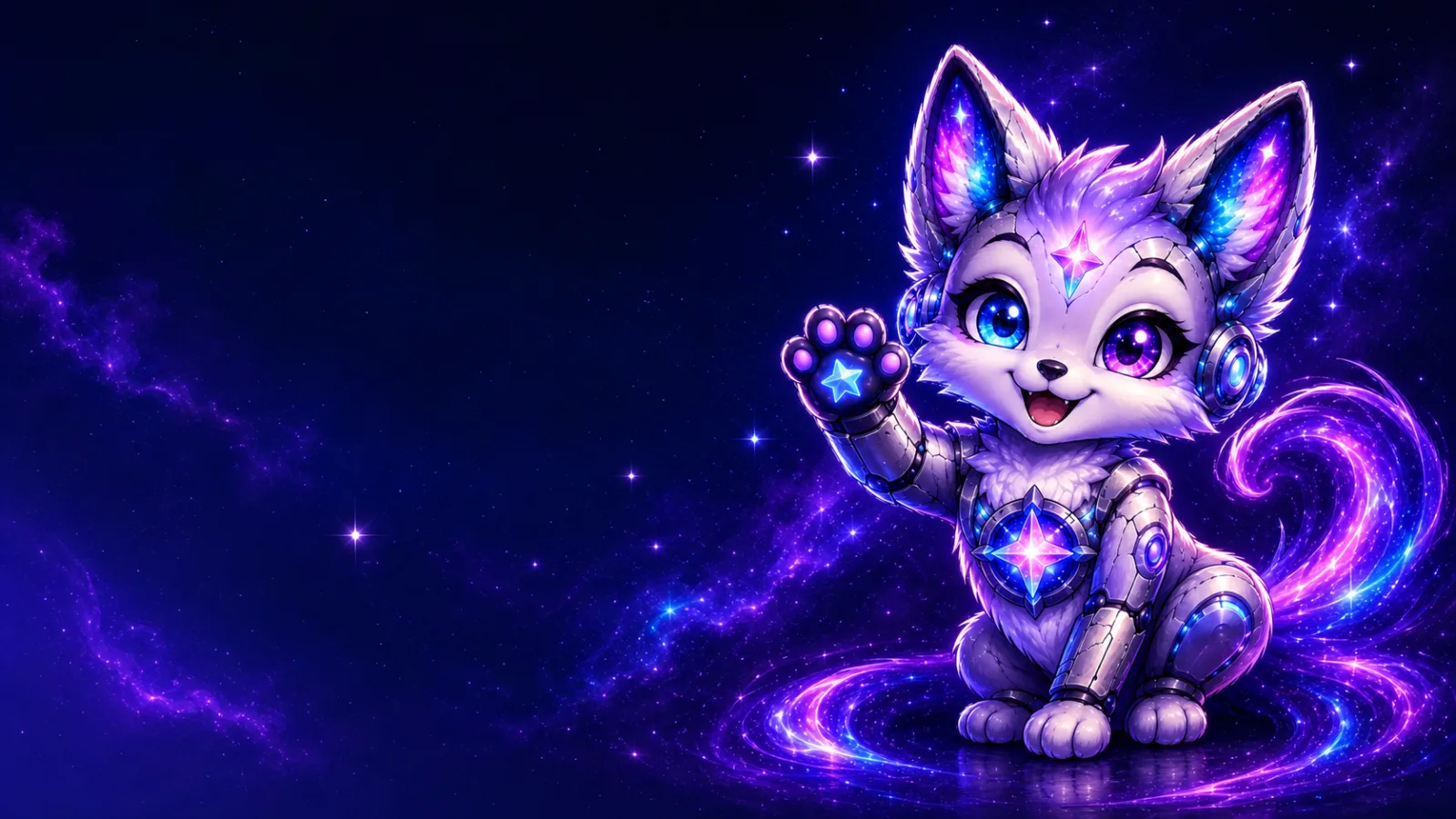 Nova, la renarde cosmique cybernétique, salue la communauté dans une galaxie bleu et violet